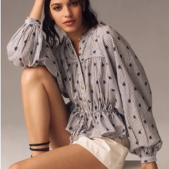 Anthropologie Pilcro Ruffle Balloon Long Sleeve Top Shirt Drawstring Boho XXS - Picture 3 of 12